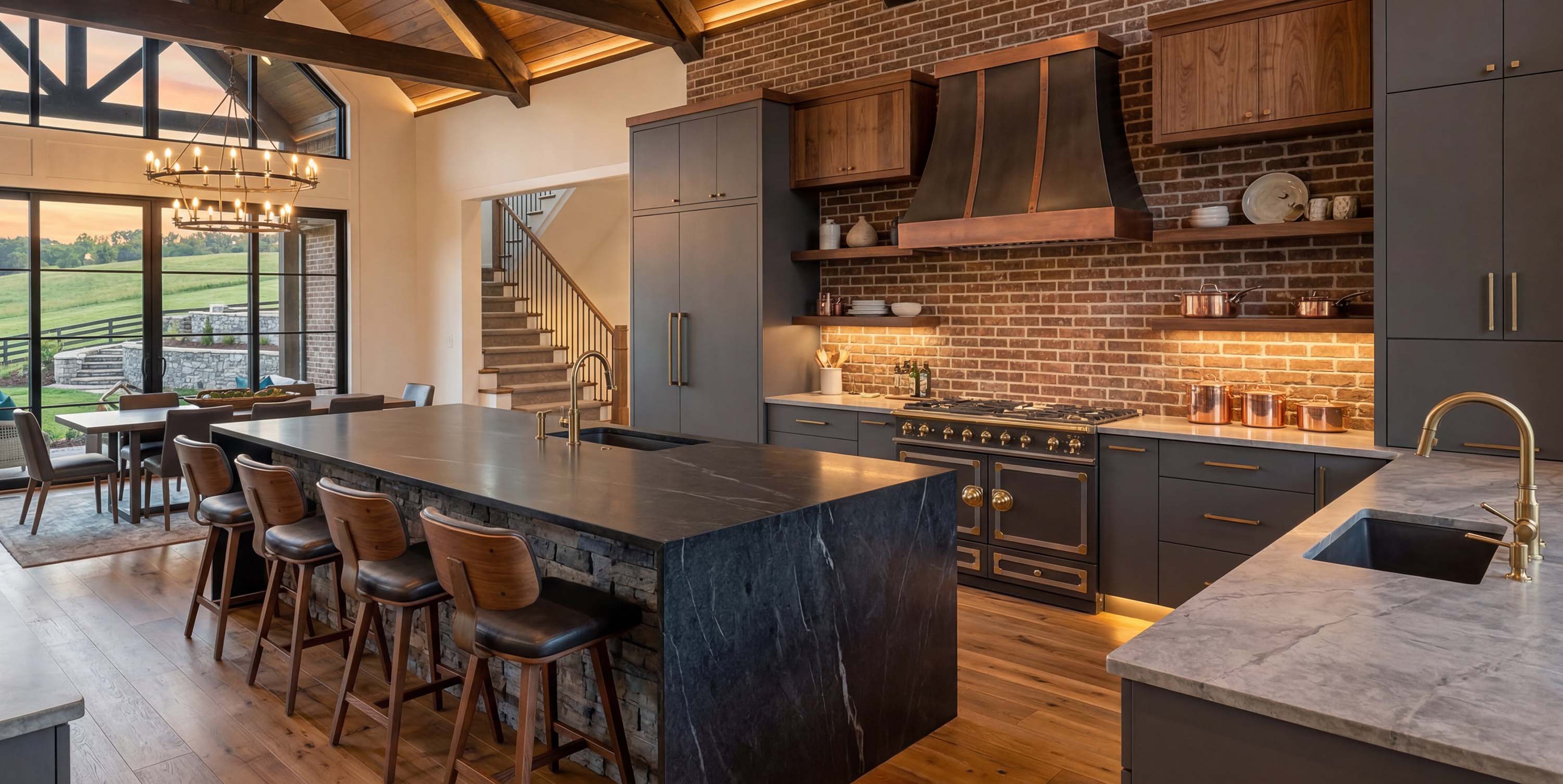 ai generated kitchen with blue cabnitry and black and white marble countertops