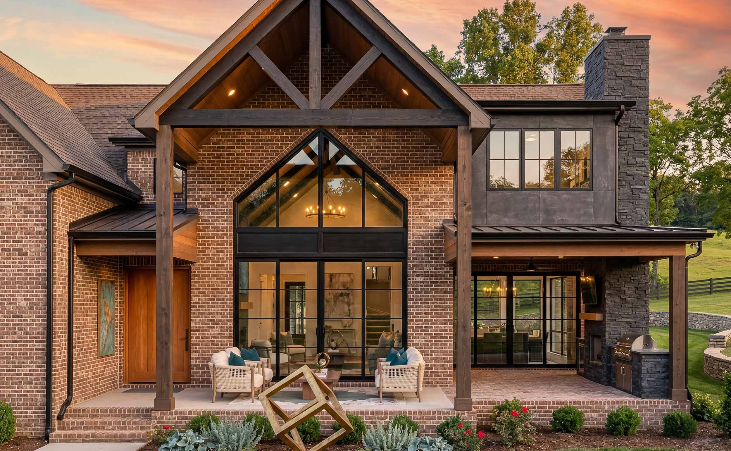 Modern two-story home with path lighting, smart lock, cameras, and a pool in view