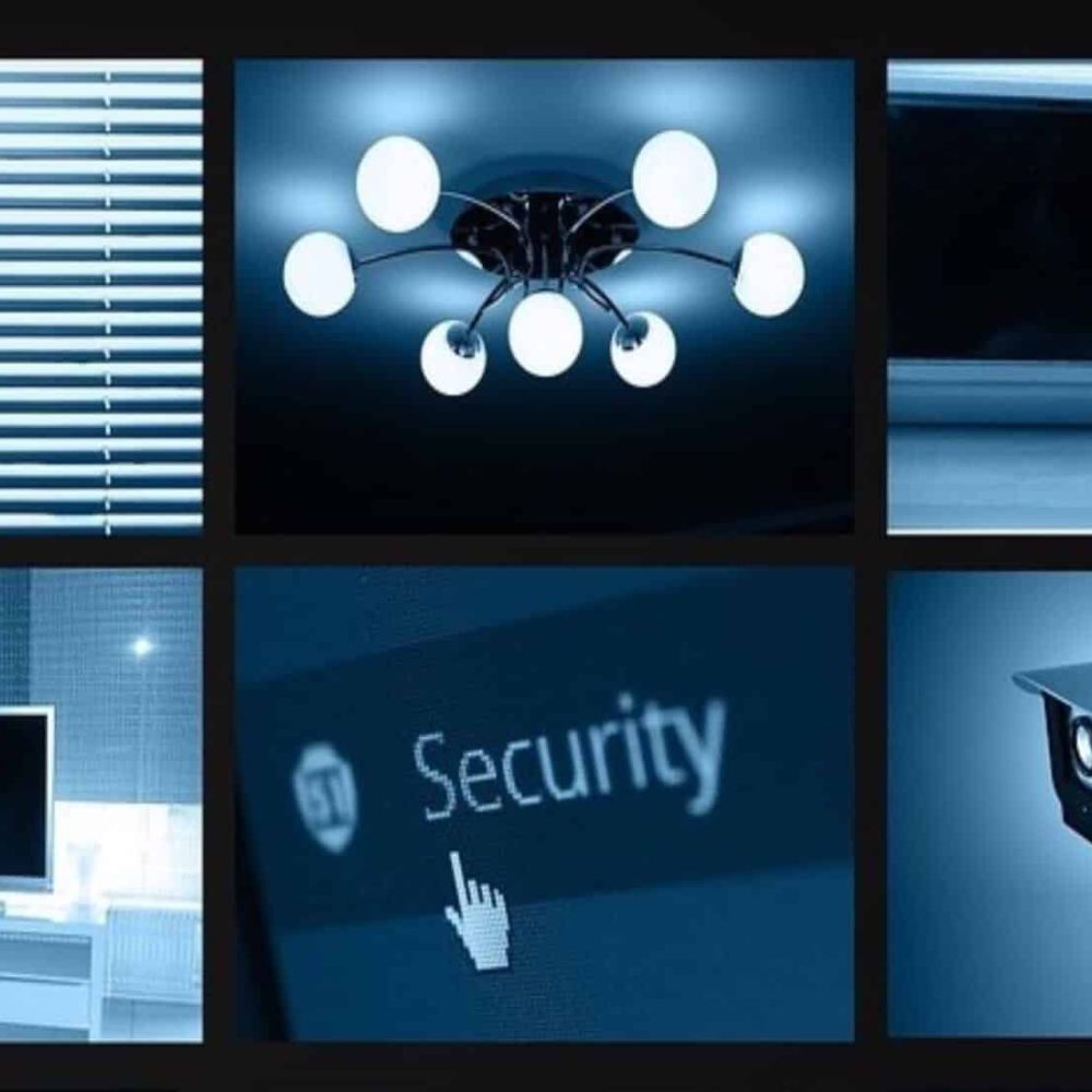 <span class="uk-h4">Collage of different images relating to home automation. This includes a security camera, automated lights, and more.</span>