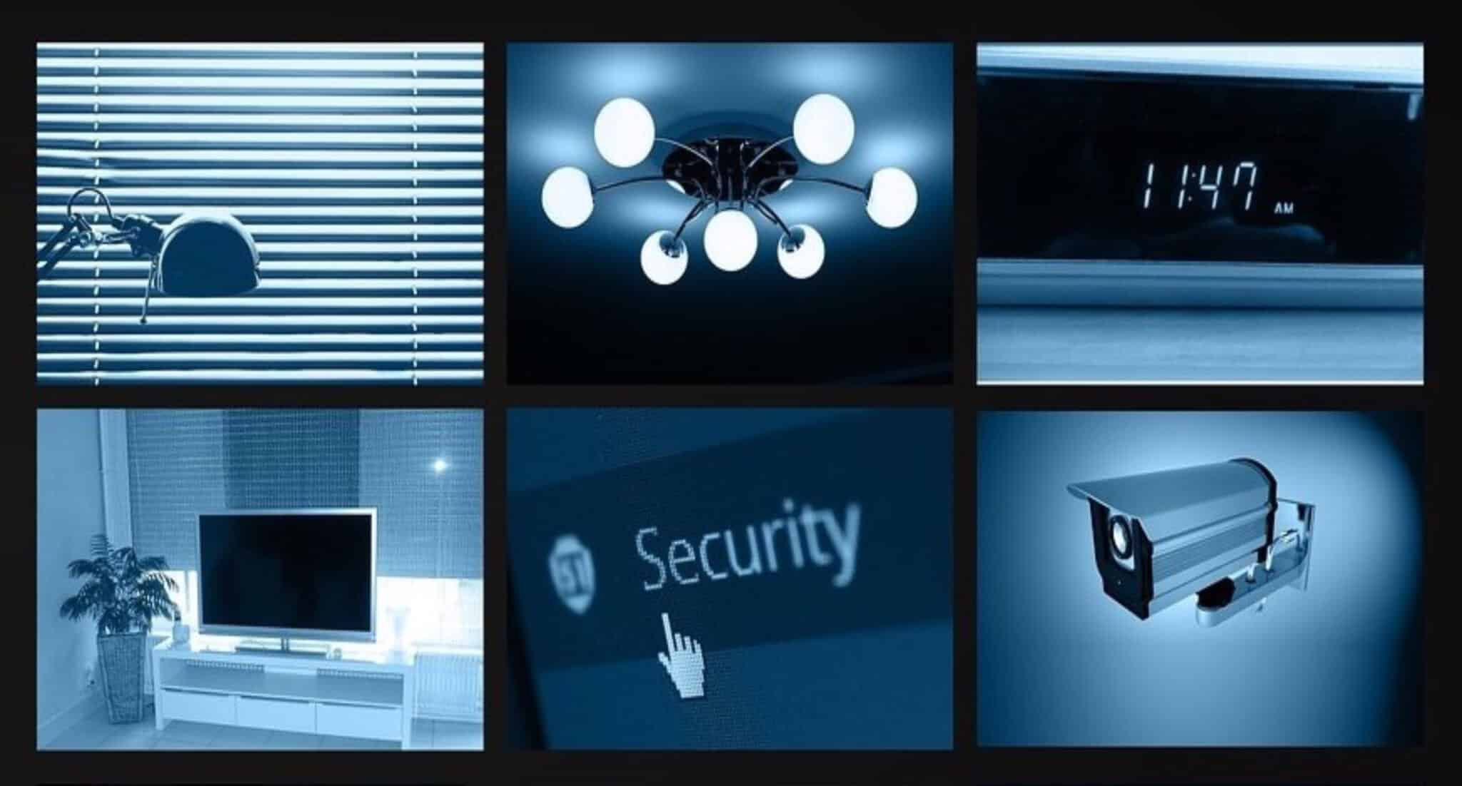 Collage of different images relating to home automation. This includes a security camera, automated lights, and more.