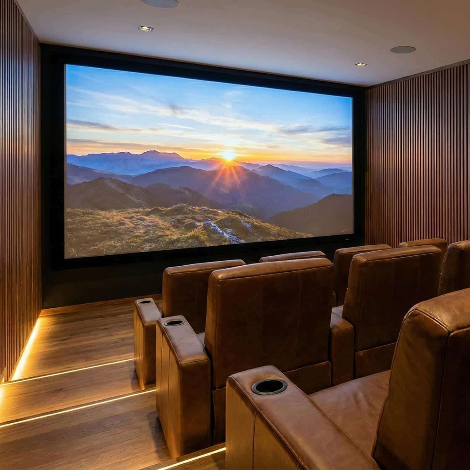 Warm home theater with brown leather seats and wood vertical slats