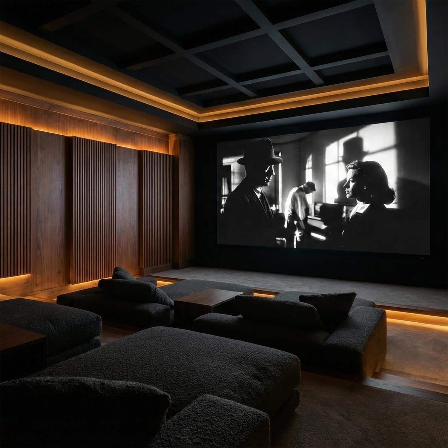 Sophisticated cinema with black coffered ceiling and oversized lounge pits
